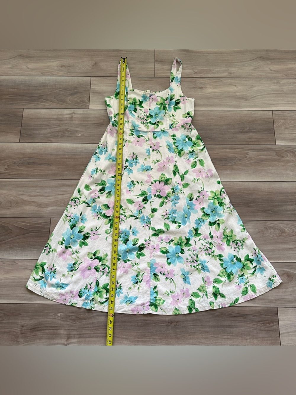 Old Navy Fit & Flare Linen Blend Midi Dress Sz L White Floral Pockets Sundress - Picture 8 of 16